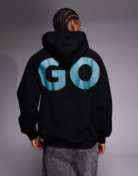 HUGO Blue Nalfhood large logo hoodie in black - view 1