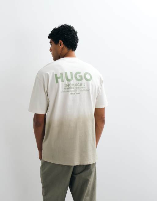 HUGO Blue Nalono back print ombre fade t-shirt in light green, 2 of 5