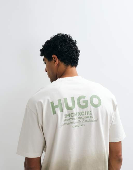 HUGO Blue Nalono back print ombre fade t-shirt in light green, 3 of 5