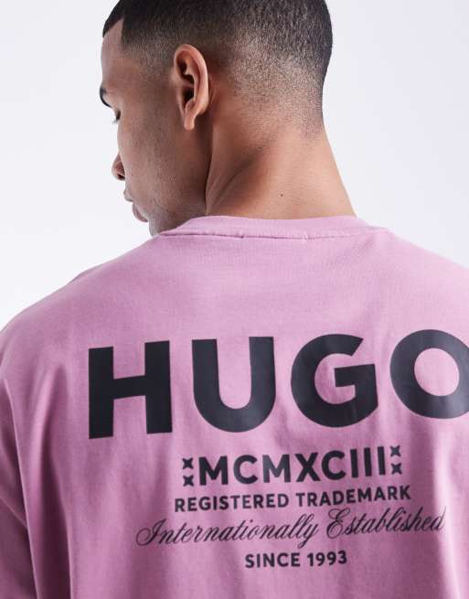 HUGO BLUE Nalono central and back logo print oversized t-shirt in dark pink, 5 of 5