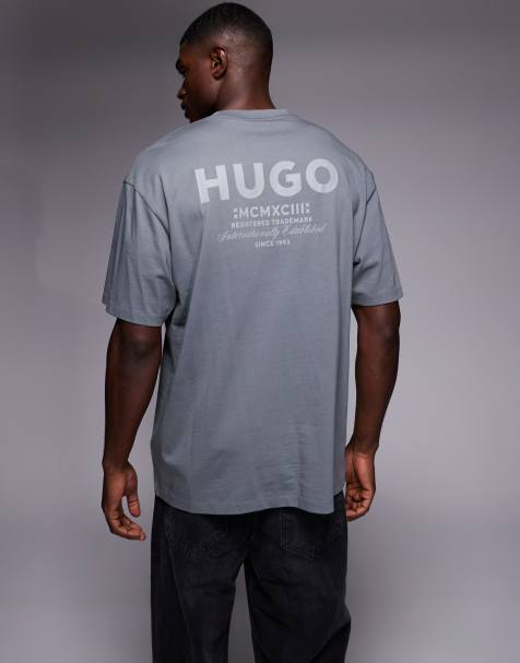 HUGO BLUE Nalono central and back logo print oversized t-shirt in mid grey - view 1