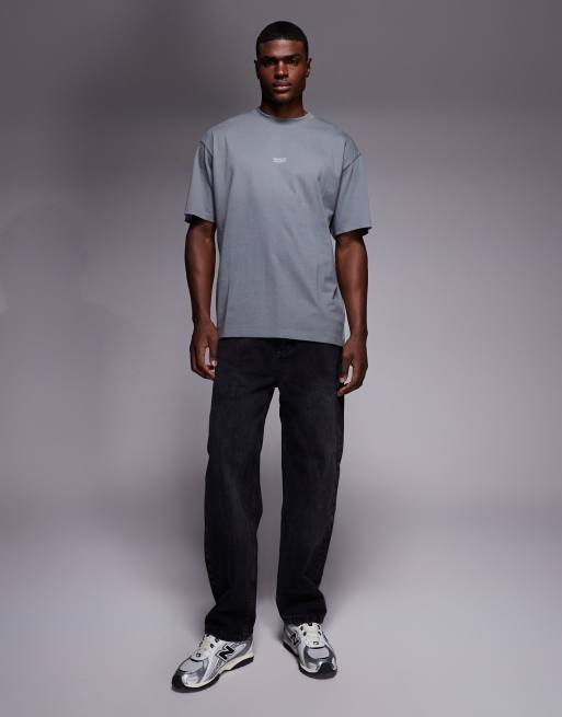 HUGO BLUE Nalono central and back logo print oversized t-shirt in mid grey, 2 of 5