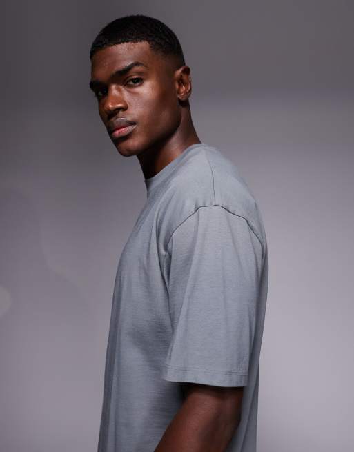 HUGO BLUE Nalono central and back logo print oversized t-shirt in mid grey, 4 of 5