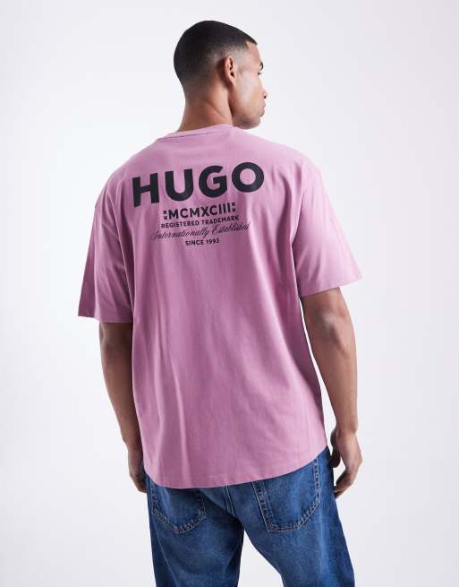 HUGO Blue - Nalono - T-shirt oversize color rosa scuro con logo centrale stampato sul retro