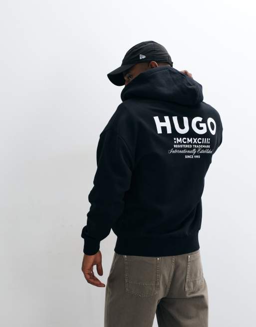 HUGO Blue Nardimez loose fit back print zip through hoodie in black, 5 of 5