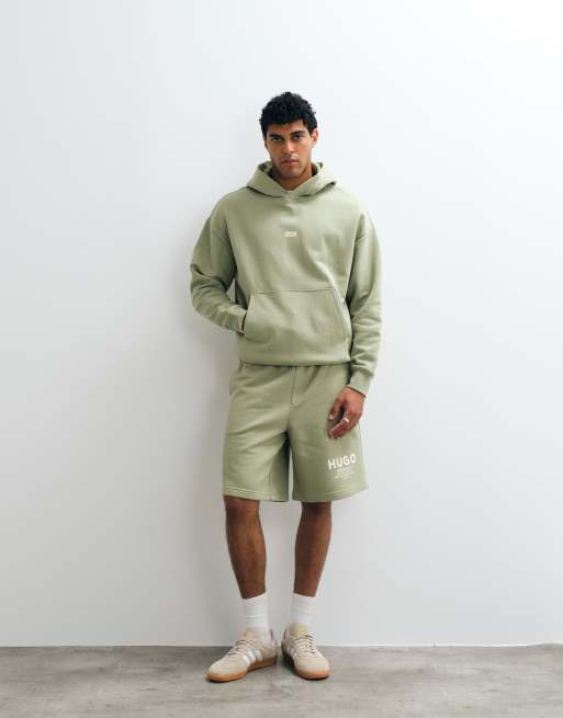 HUGO Blue Nazardo loose fit back print co-ord hoodie in light green, 2 of 5