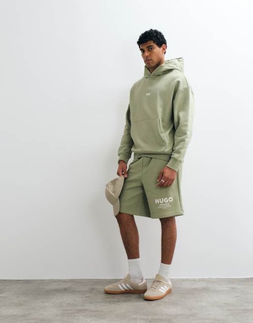 HUGO Blue Nazardo sudadera con capucha de corte holgado con estampado trasero en verde claro, 4 de 5