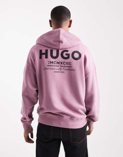 HUGO BLUE Nazardo tonal central and back logo loose fit hoodie in dark pink - view 1