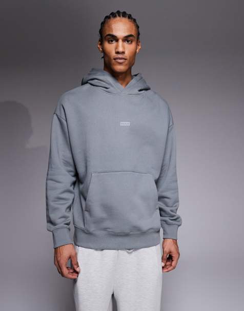 HUGO BLUE Nazardo tonal central and back logo loose fit hoodie in mid grey - view 1