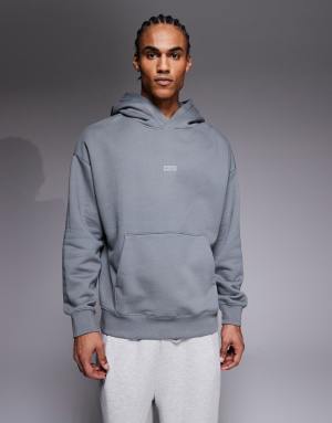 HUGO BLUE Nazardo tonal central and back logo loose fit hoodie in mid grey