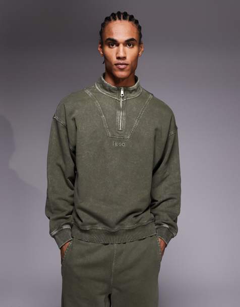 HUGO BLUE – Nebuzip – Locker geschnittenes Sweatshirt in dunkelgrüner Acid-Waschung mit kurzem Reißverschluss und farblich abgestimmtem Logo, Kombiteil - view 1