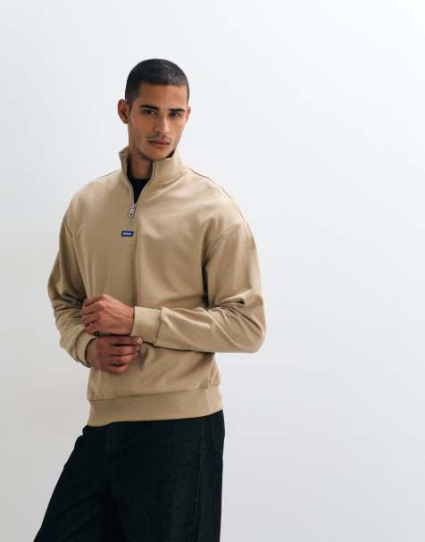 HUGO Blue Neeler sweatshirt met kwartrits in beige - view 1
