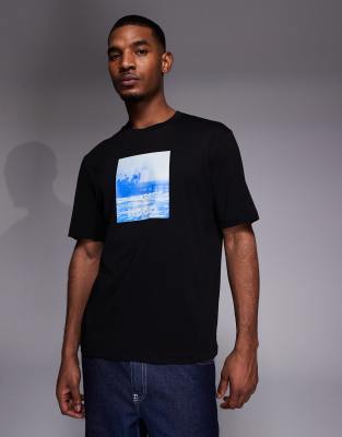Hugo Blue Nierofix Chest Print Graphic T-shirt In Black