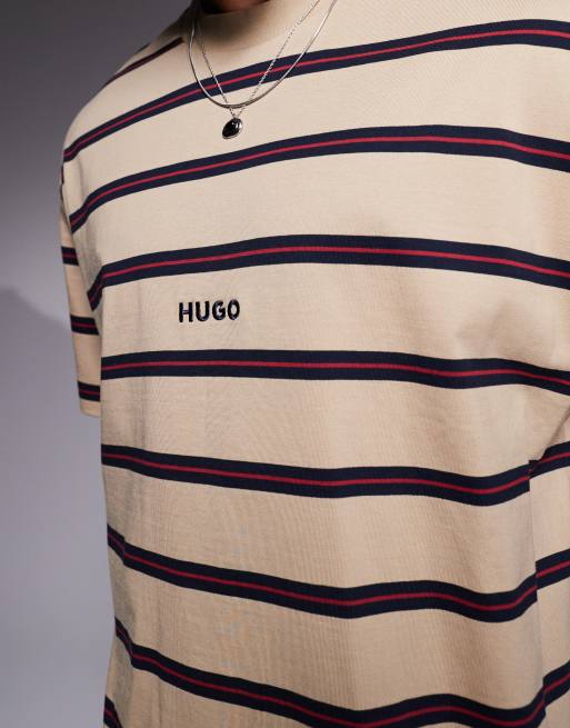 HUGO Blue – Nistripo – Beżowy T-shirt oversize w ciemnoniebieskie paski, 3 z 4
