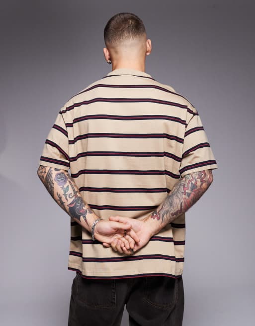 HUGO Blue – Nistripo – Oversize-T-Shirt mit Querstreifen in Beige und Dunkelblau, 2 von 4