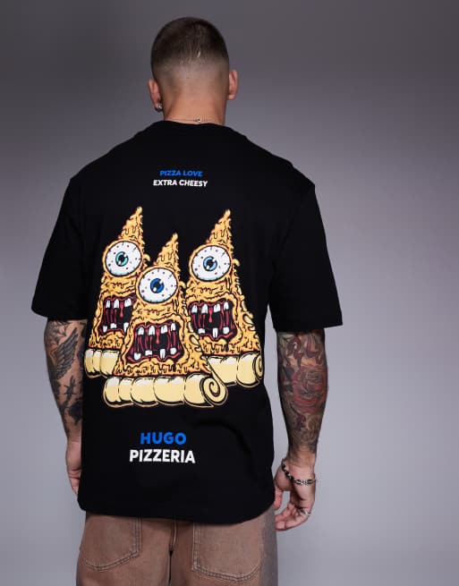 HUGO Blue – Nizzerio – Czarny T-shirt z nadrukiem z pizzą
