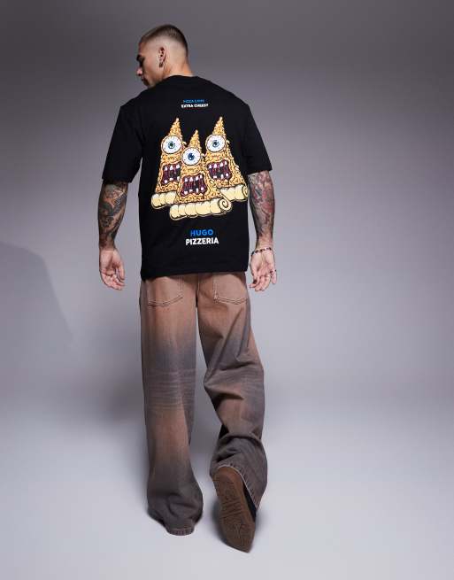 HUGO Blue - Nizzerio - T-shirt met pizza-print in zwart, 3 van 4