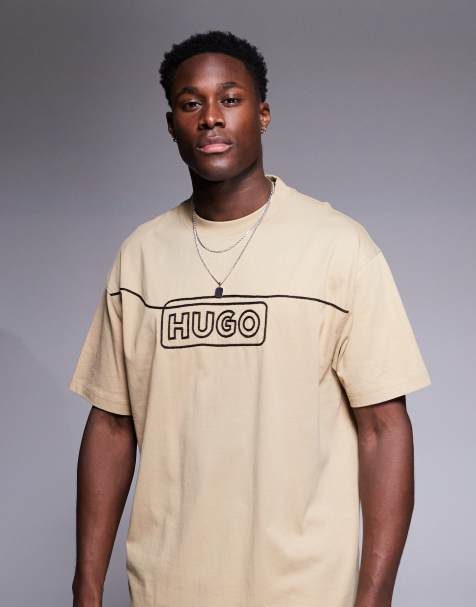 HUGO BLUE Noideryo loose fit t-shirt wih line print logo in beige - view 1