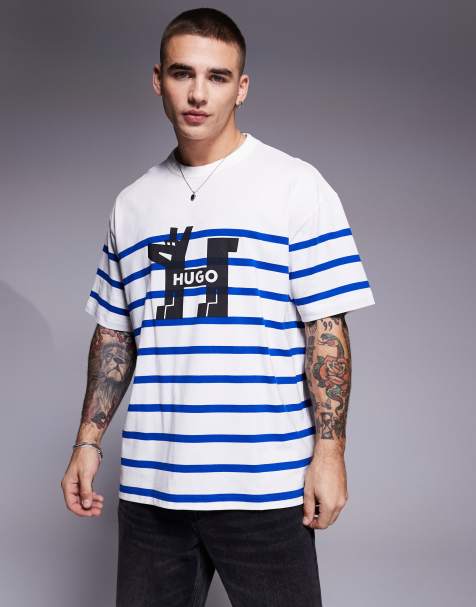 HUGO BLUE Nolastripe loose fit striped logo t-shirt in white and blue