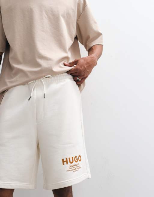 HUGO Blue Nomario loose fit jersey co-ord shorts in ecru, 2 of 5