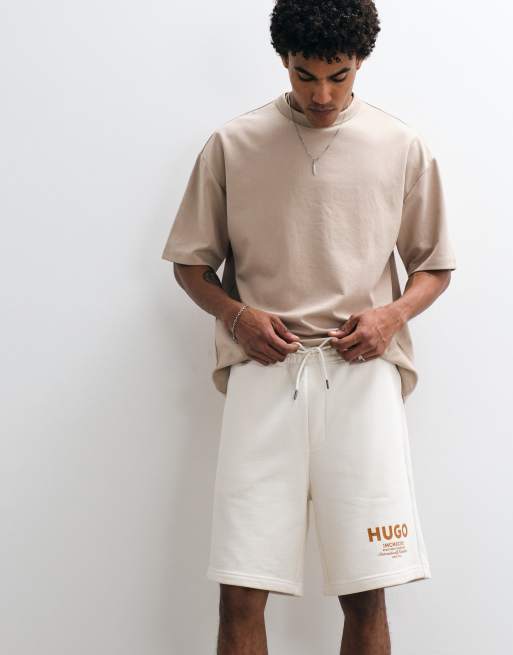 HUGO Blue Nomario loose fit jersey co-ord shorts in ecru, 3 of 5