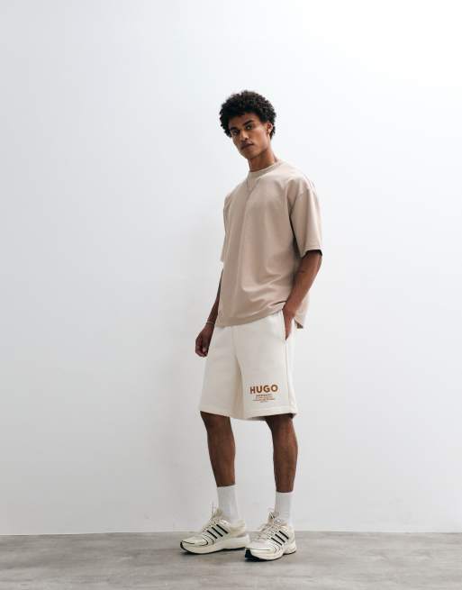 HUGO Blue Nomario loose fit jersey co-ord shorts in ecru, 4 of 5