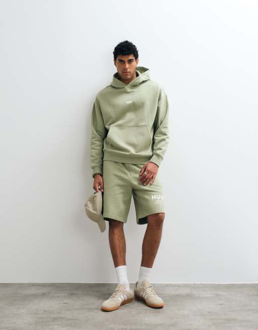 HUGO Blue Nomario loose fit jersey shorts co-ord in light green, 3 of 5
