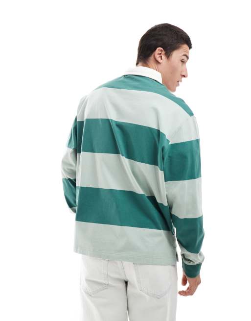 HUGO Blue - Noresti - Felpa stile rugby verde a righe orizzontali, 3 di 4