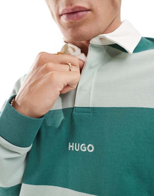 HUGO Blue - Noresti - Felpa stile rugby verde a righe orizzontali, 4 di 4