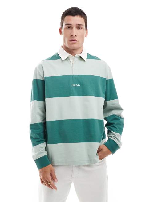 HUGO Blue noresti rugby sweatshirt in green horizontal stripes