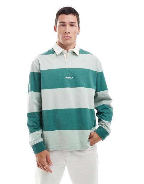 HUGO – Blue Noresti – Übergroßes Rugby-Sweatshirt in Grün mit Querstreifen - view 1
