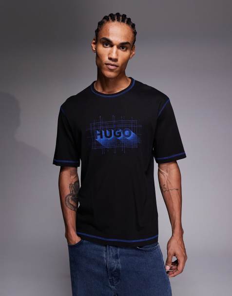 HUGO Blue Nothal graphic chest logo t-shirt in black - view 1