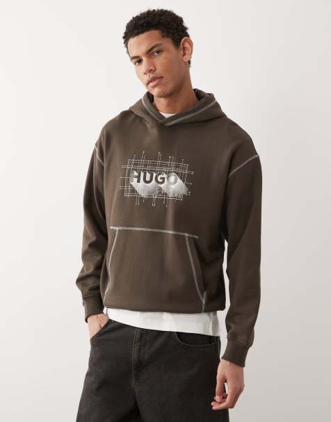 HUGO BLUE Nothalium graphic chest print logo hoodie in brown - view 1