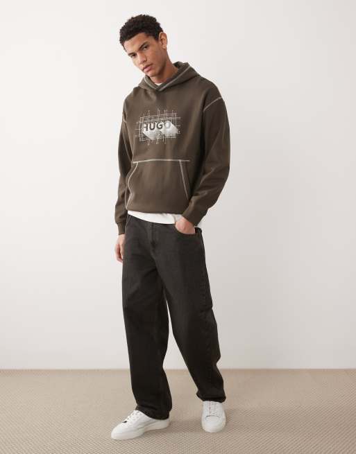 HUGO Blue Nothalium graphic chest print logo hoodie in brown, 2 of 5