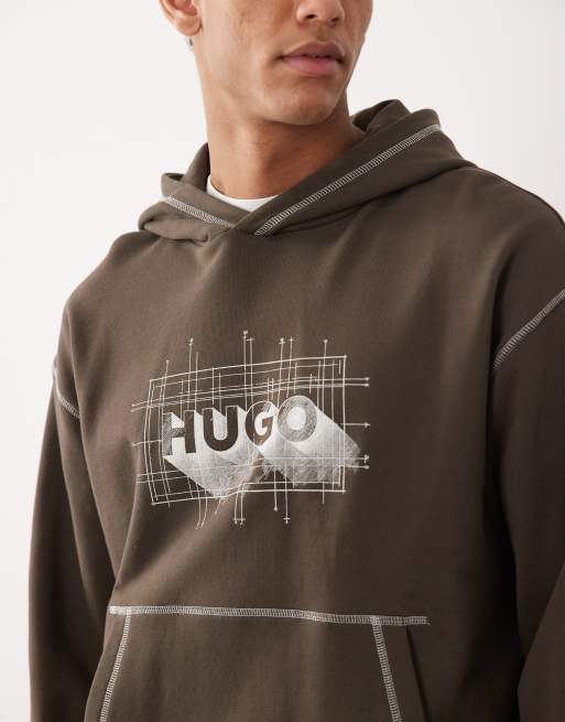 HUGO Blue Nothalium graphic chest print logo hoodie in brown, 3 of 5