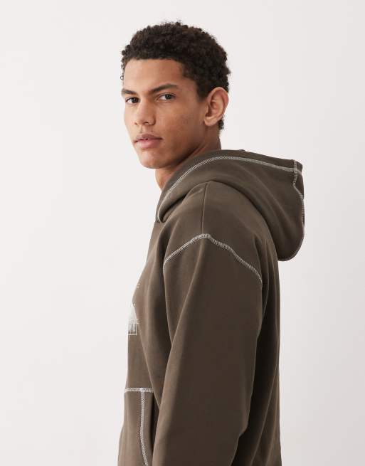 HUGO Blue Nothalium graphic chest print logo hoodie in brown, 4 of 5