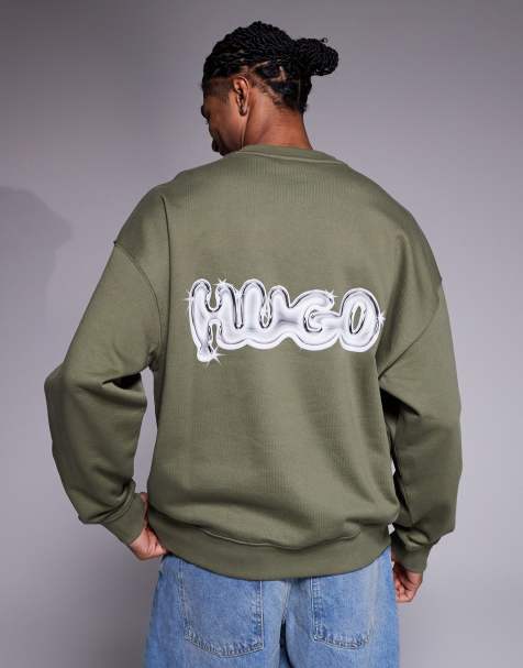 HUGO Blue Nyrocrew back logo print oversized sweatshirt in mid green - view 1