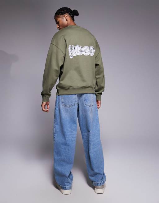HUGO Blue - Nyrocrew - Mellemgrøn og oversized sweatshirt med logoprint på ryggen, 2 af 5