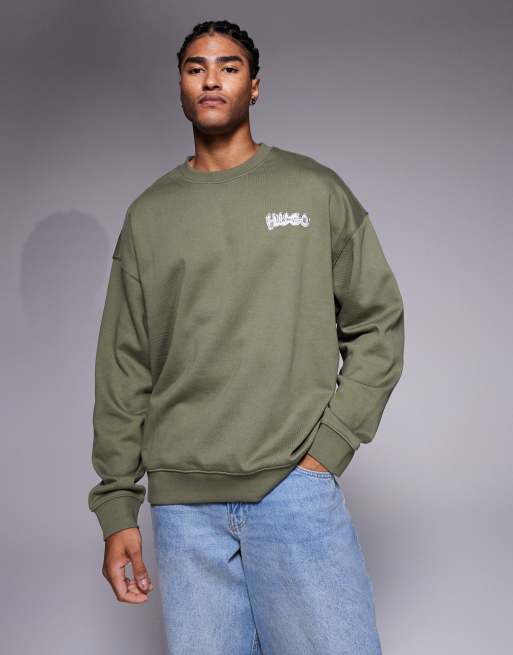 HUGO Blue - Nyrocrew - Mellemgrøn og oversized sweatshirt med logoprint på ryggen, 3 af 5