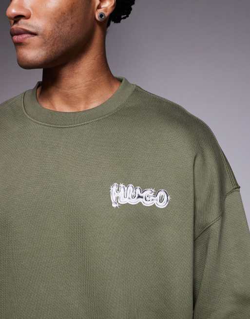 HUGO Blue - Nyrocrew - Mellemgrøn og oversized sweatshirt med logoprint på ryggen, 5 af 5