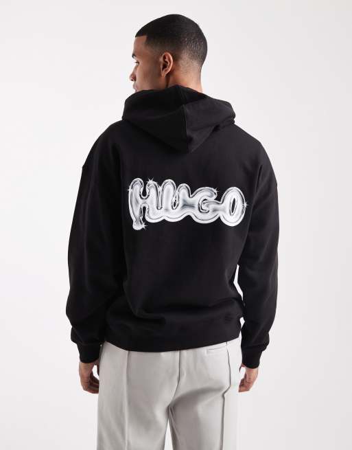 HUGO Blue - Nyrohood - Losvallende hoodie met bolle logoprint op de achterkant in zwart