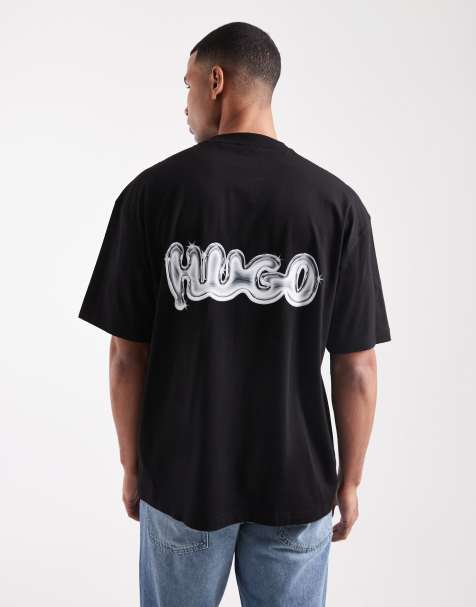 HUGO Blue - Nyrotee - Sort oversized T-shirt med logoprint med puffet design på ryggen - view 1