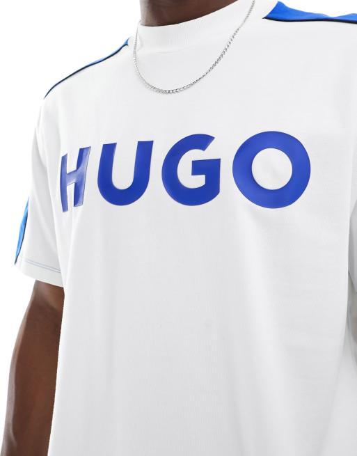 HUGO BLUE – Oversize-T-Shirt in Weiß mit Logo und Zierstreifen, 3 von 4