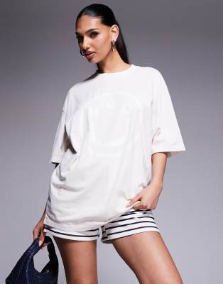 HUGO Blue - Oversize-T-Shirt in Weiß mit Smiley-Hugo-Logo