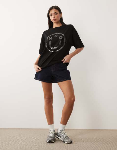HUGO BLUE Oversized glitter gel logo t-shirt in black