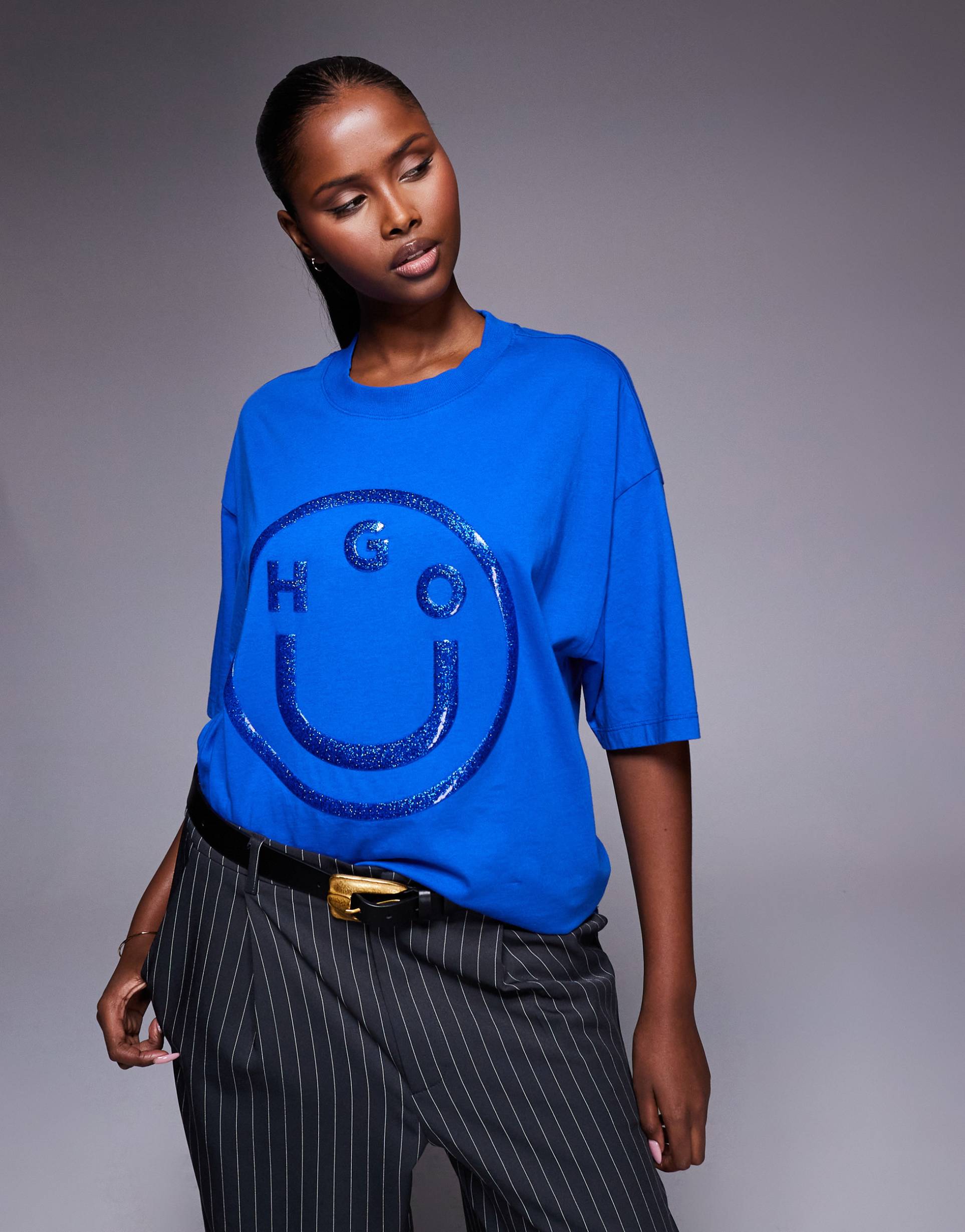 hugo blue oversized glitter gel logo t-shirt in bright blue