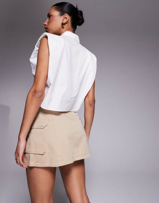 HUGO Blue pleated mini skirt with pockets in beige | ASOS