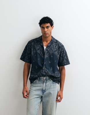 Hugo Blue Printed Camp Collar Shirt In Blue