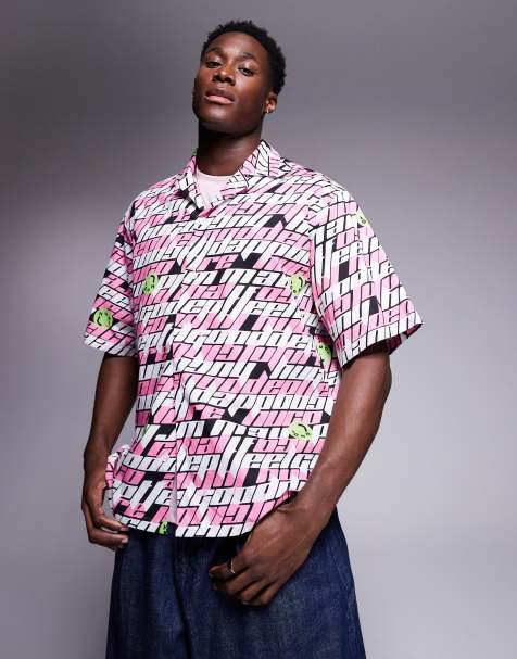 HUGO Blue relaxed fit logo repeat printed shirt in pink - view 1