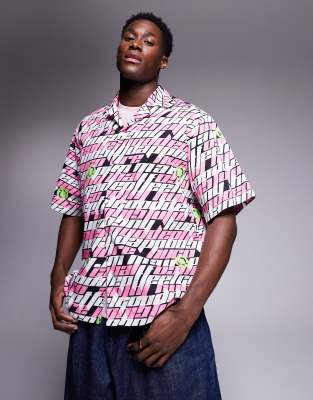 [Hugo Blue] HUGO Blue relaxed fit logo repeat printed shirt in pink XS Light/pastel pink